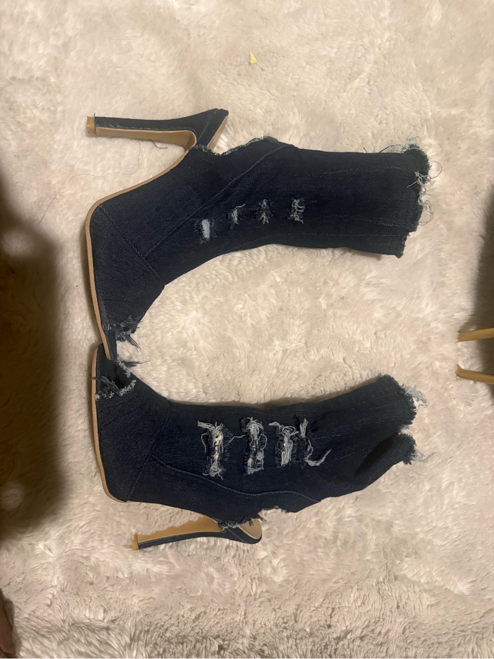 Distressed Blue Denim Stiletto Booties - Women's Fashion Heels